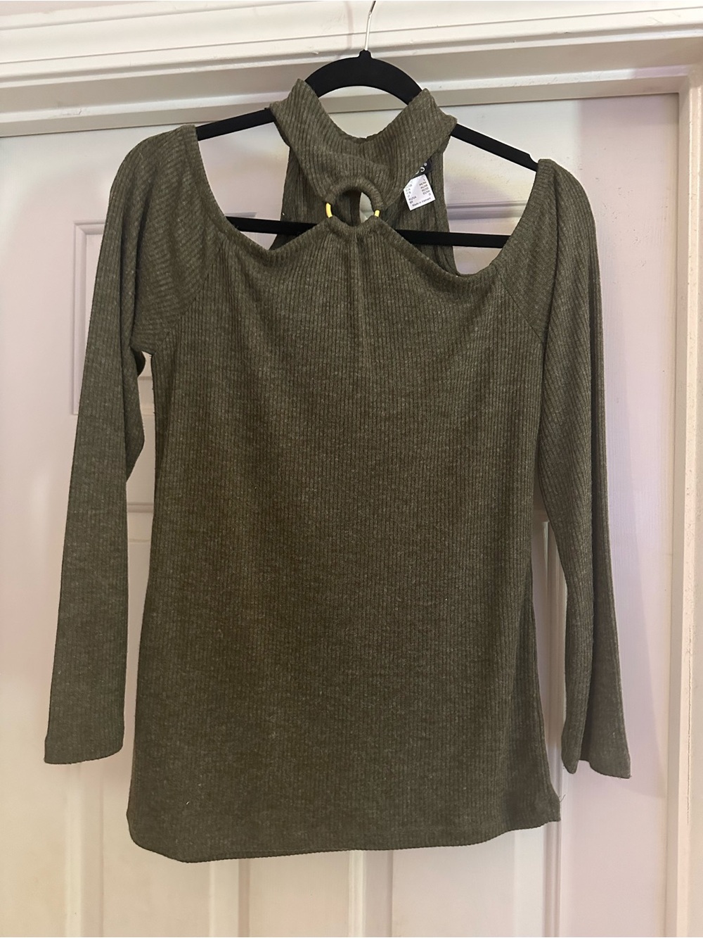 VENUS Olive Green Cold-Shoulder Ribbed Mock-Neck Top